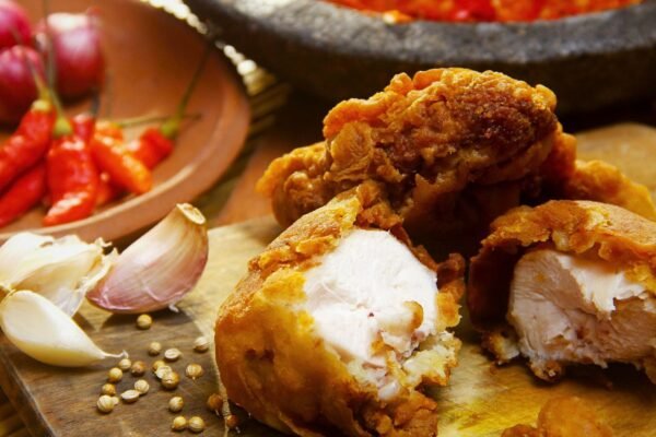 A plate of delicious crispy fried chicken and assorted food items, including my favorite meat, placed on a table